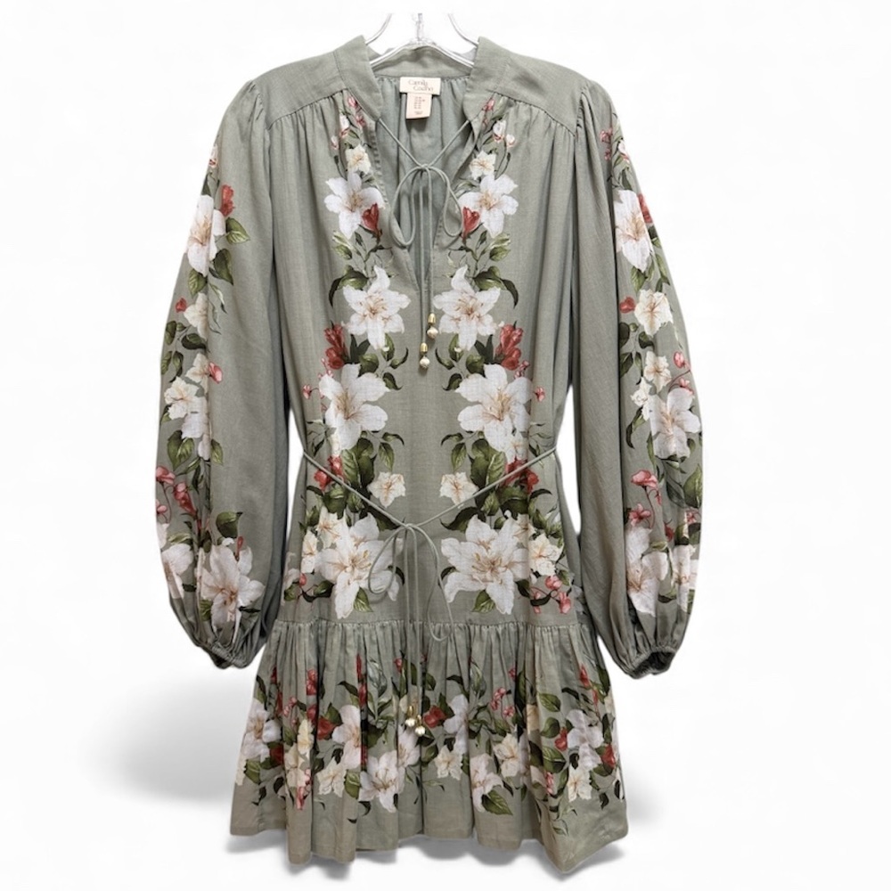 Camila Coelho Floral Mini Dress Blouson Sleeve Waist Tie Size Sage Green Size XS - Picture 11 of 11